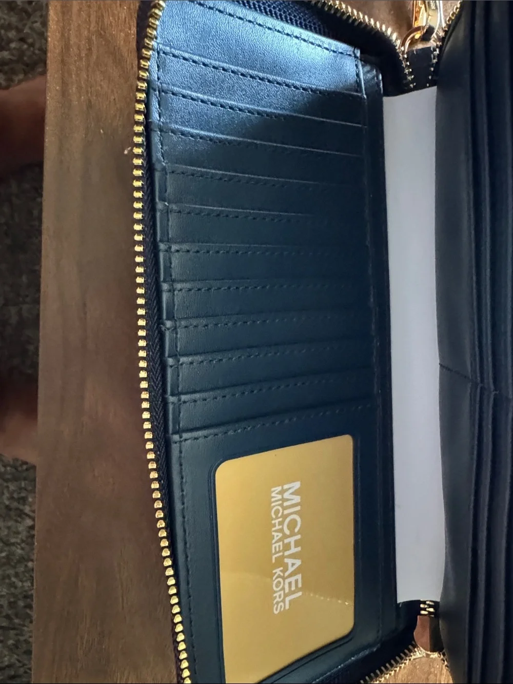 Michael Kors Blue Pebbled Leather Zip Wallet with Gold Logo
